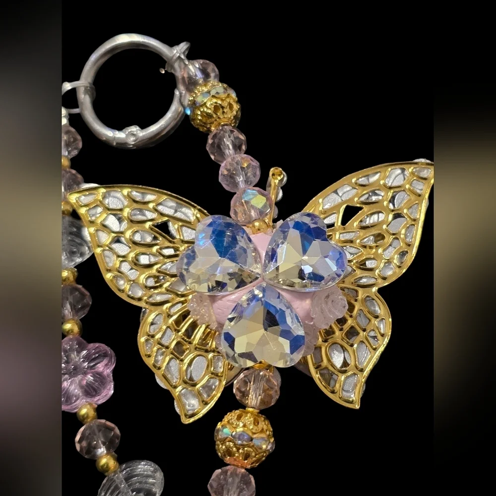 Gold and Pink Beaded Butterfly Bag Charm